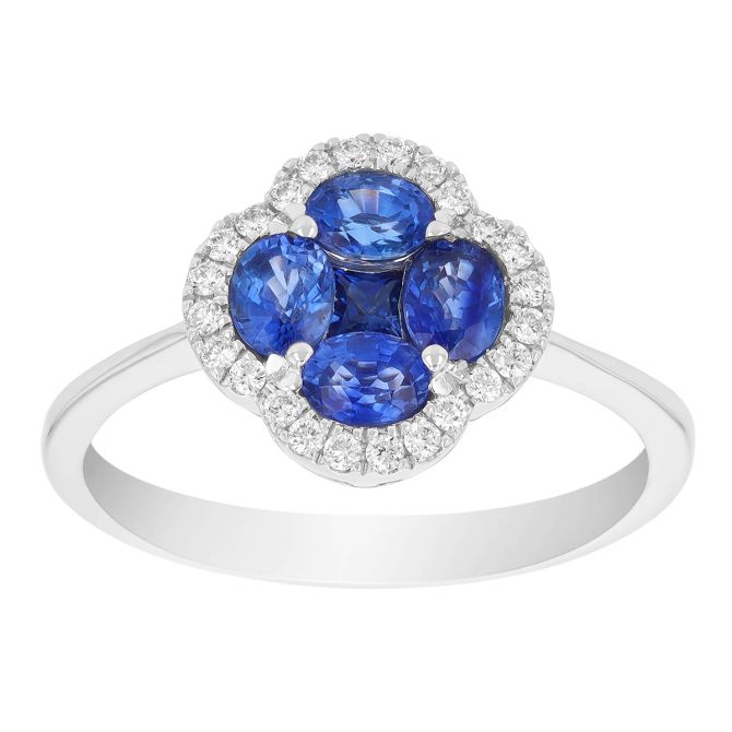 Sapphire and diamond halo cluster ring
