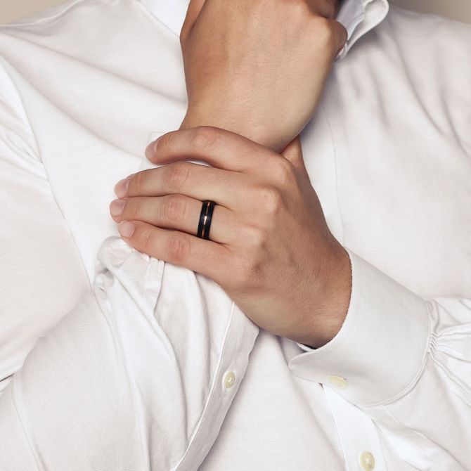 Men's tungsten wedding band styled