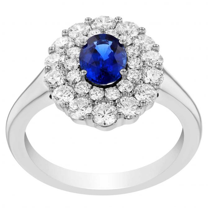 Sapphire and diamond halo engagement ring