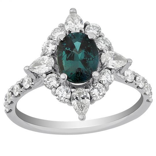 Oval Alexandrite & Diamond Halo Ring in White Gold