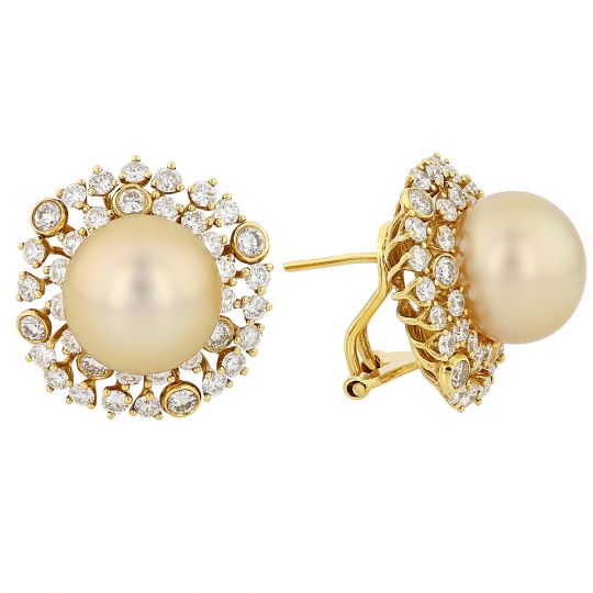 Golden South Sea Cultured Pearl & Diamond Halo Stud Earrings in Yellow Gold by TARA Pearls