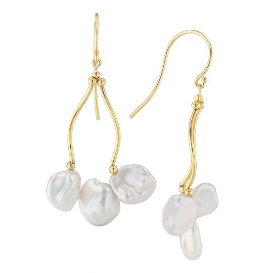 Freshwater Cultured Pearl Trio Dangle Earrings in Yellow Gold
