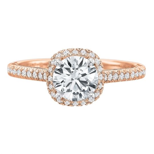 Precision Set Diamond Cushion Halo & Pave Shank Ring Mounting in Rose Gold