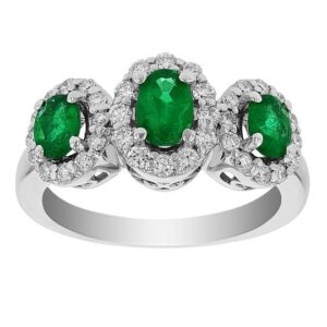 Oval Emerald & Diamond Halo 3 Stone Ring in White Gold