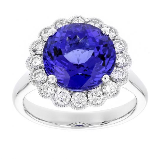 18K White Gold Round Tanzanite & Diamond Milgrain Scalloped Halo Ring