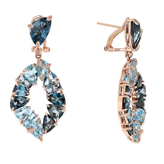 Bellarri Multi Shape Blue Topaz & Brown Diamond Drop Earrings in Rose Gold