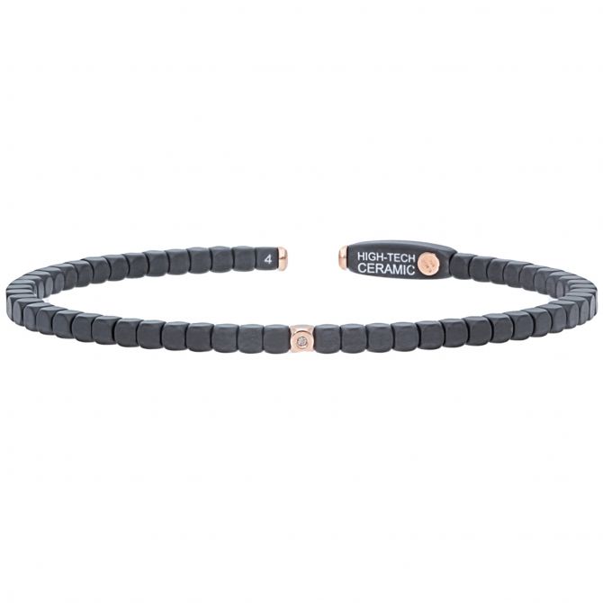 Roberto Demeglio 18K Rose Gold & Black Ceramic Single Bezel Set Champagne Diamond Dado Cuff Bracelet