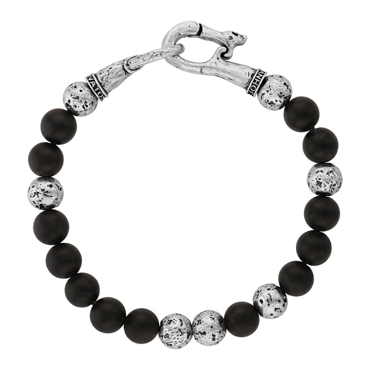 John Varvatos Sterling Silver Distressed Onyx Bracelet with Skull Clasp