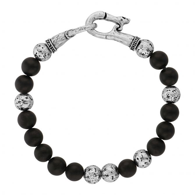John Varvatos Sterling Silver Distressed Onyx Bracelet with Skull Clasp