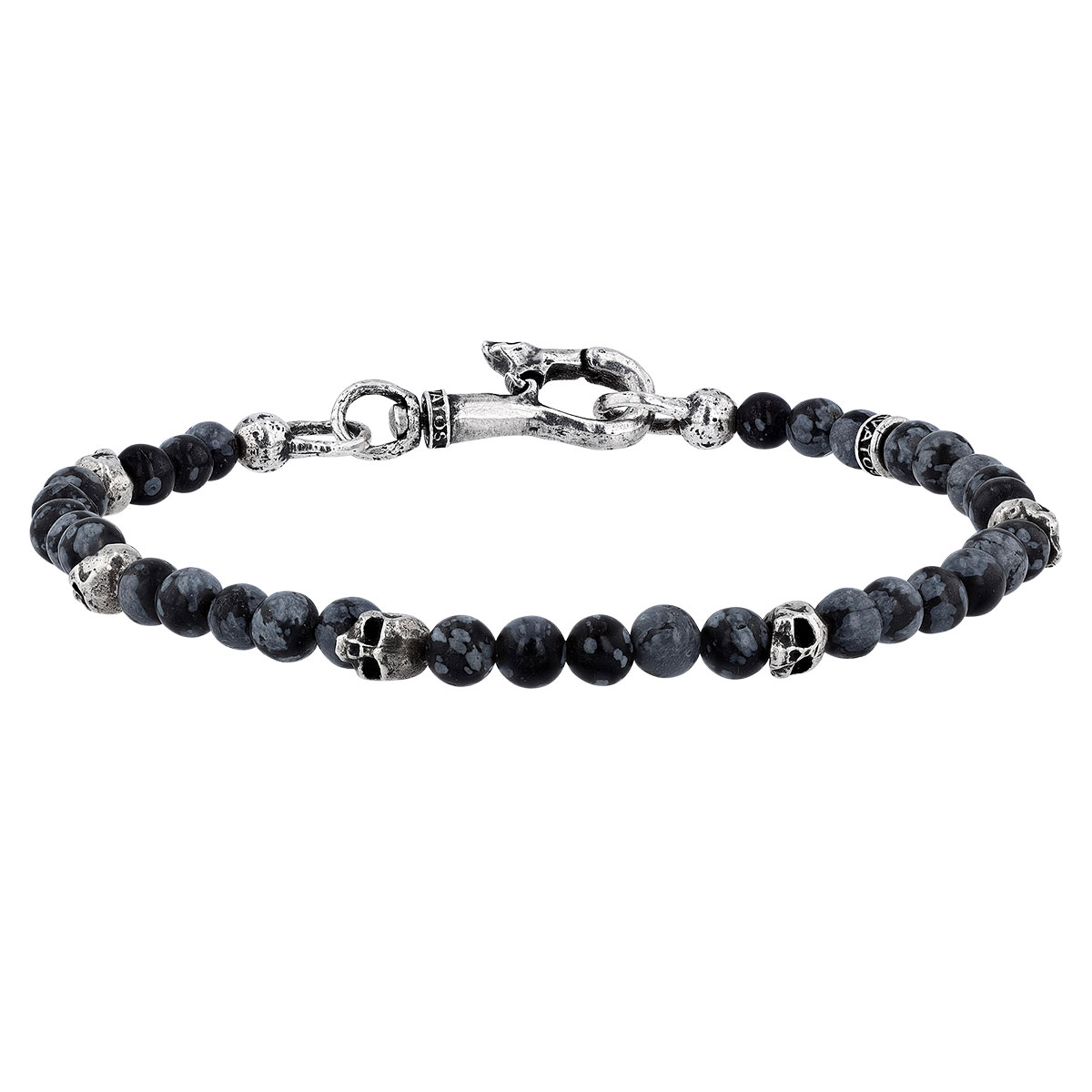 John Varvatos Obsidian Beaded Bracelet with Sterling Silver Skulls, Grey/Black