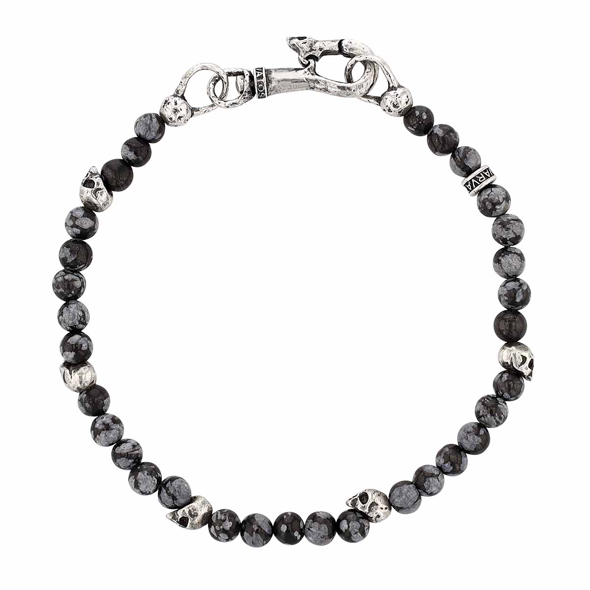 John Varvatos Obsidian Beaded Bracelet with Sterling Silver Skulls, Grey/Black