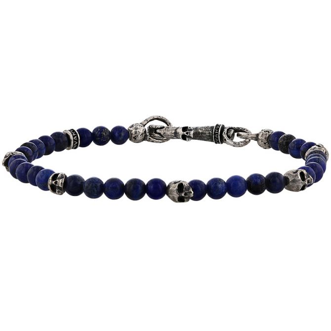 John Varvatos Silver Lapis Lazuli Beaded 5 Skull Station Bracelet