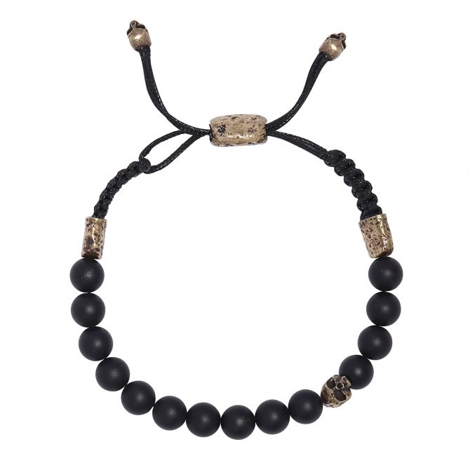 John Varvatos Onyx Bead Bracelet with Brass Skull Accents
