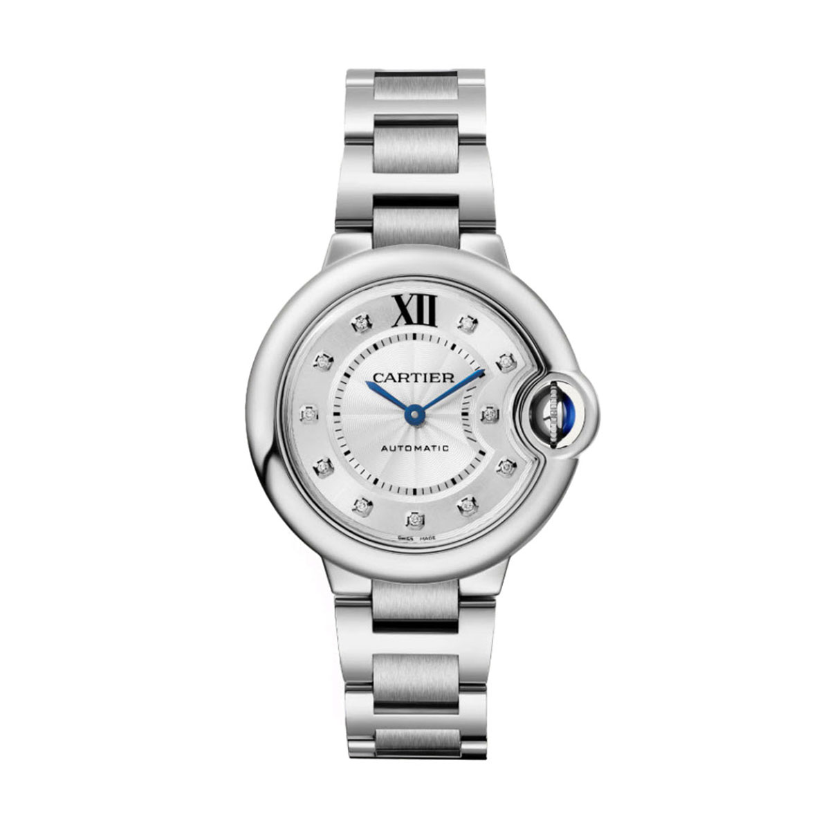 Cartier Ballon Bleu de Cartier 33mm Watch, Diamond and Silvered Guilloche Dial