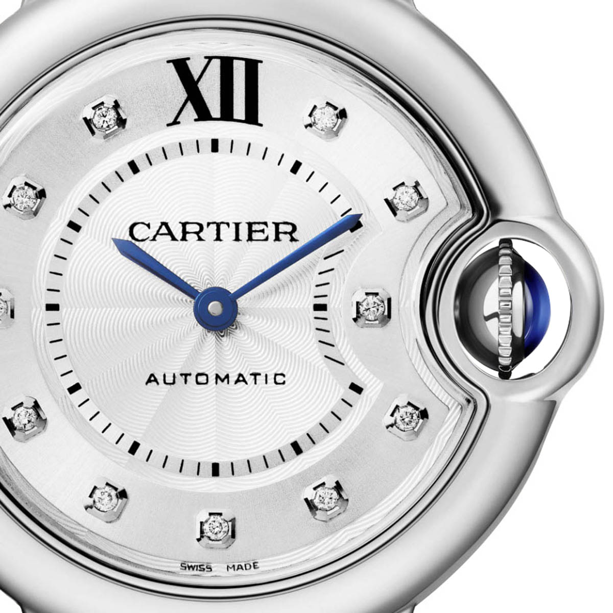 Cartier Ballon Bleu de Cartier 33mm Watch, Diamond and Silvered Guilloche Dial
