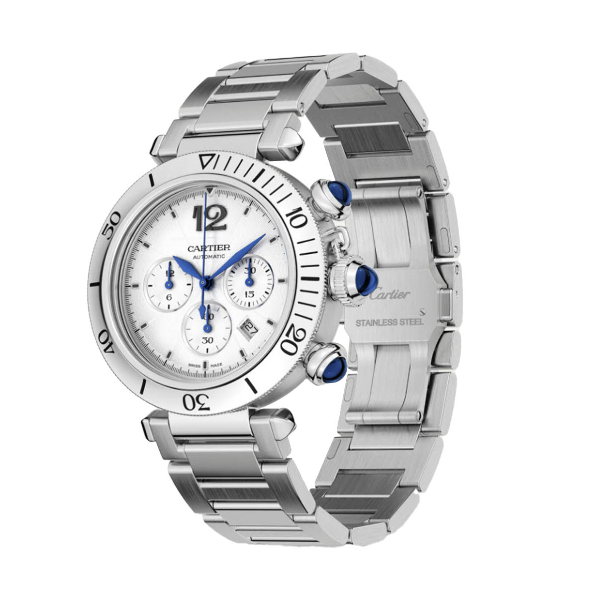 Cartier Pasha De Cartier 41mm Steel Watch, Silvered Flinque Chronograph Dial