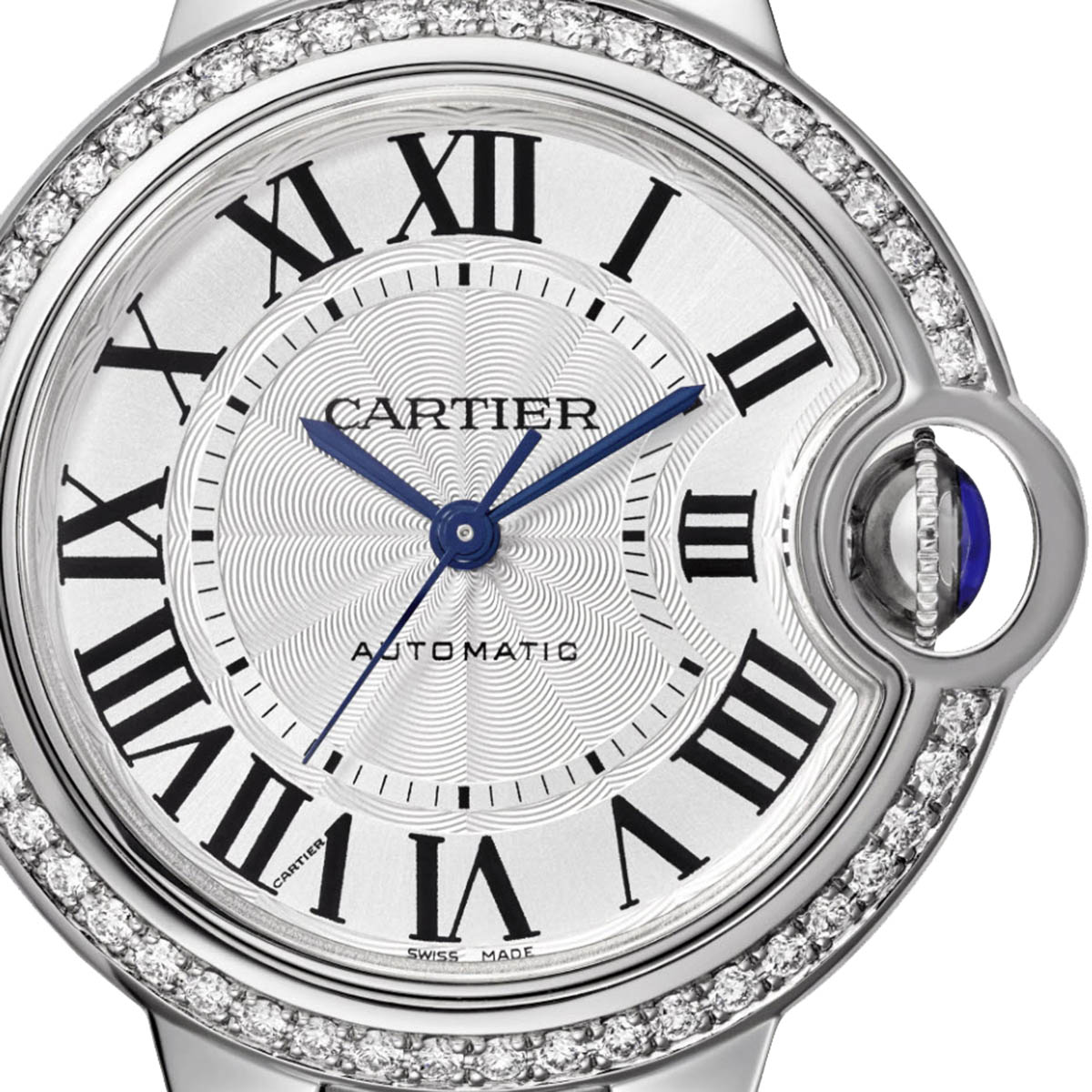 Cartier Ballon Bleu de Cartier 33mm Watch, Diamond and Silver Guilloche Dial