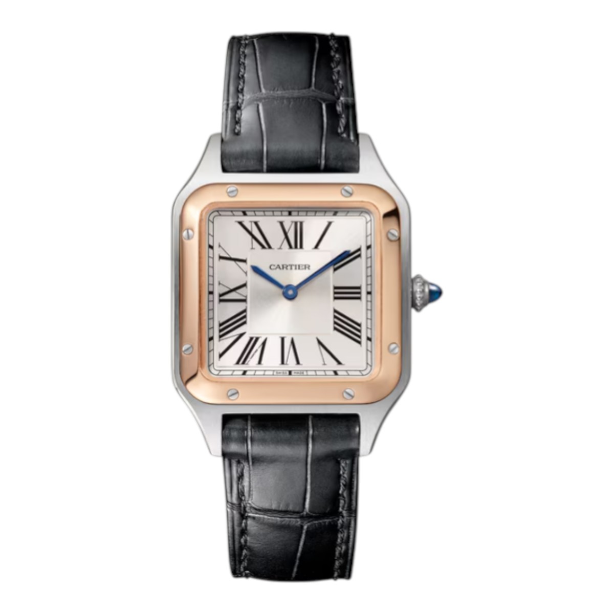 Cartier Santos-Dumont 38mm x 27.5mm Men's Watch, Satin Silver Sunray Dial and Black Bracelet