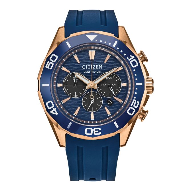 Citizen Endeavor Chronograph 43mm Men's Watch, Blue Dial and Blue Rubber Bracelet