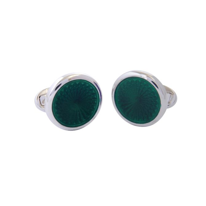 Halcyon Days Agama Engine Turned Green Sterling Silver Round Cufflinks