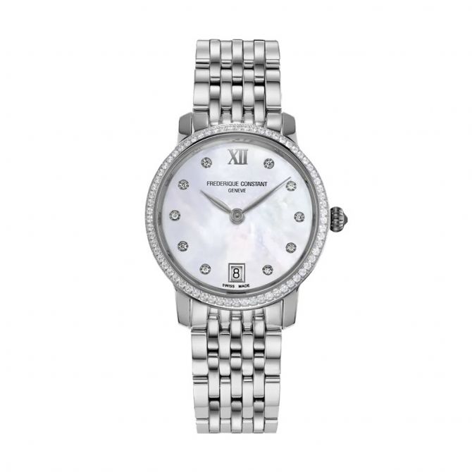 Frederique Constant Classics Slimline Midsize Date 30mm Watch, Diamond and Mother of Pearl Dial