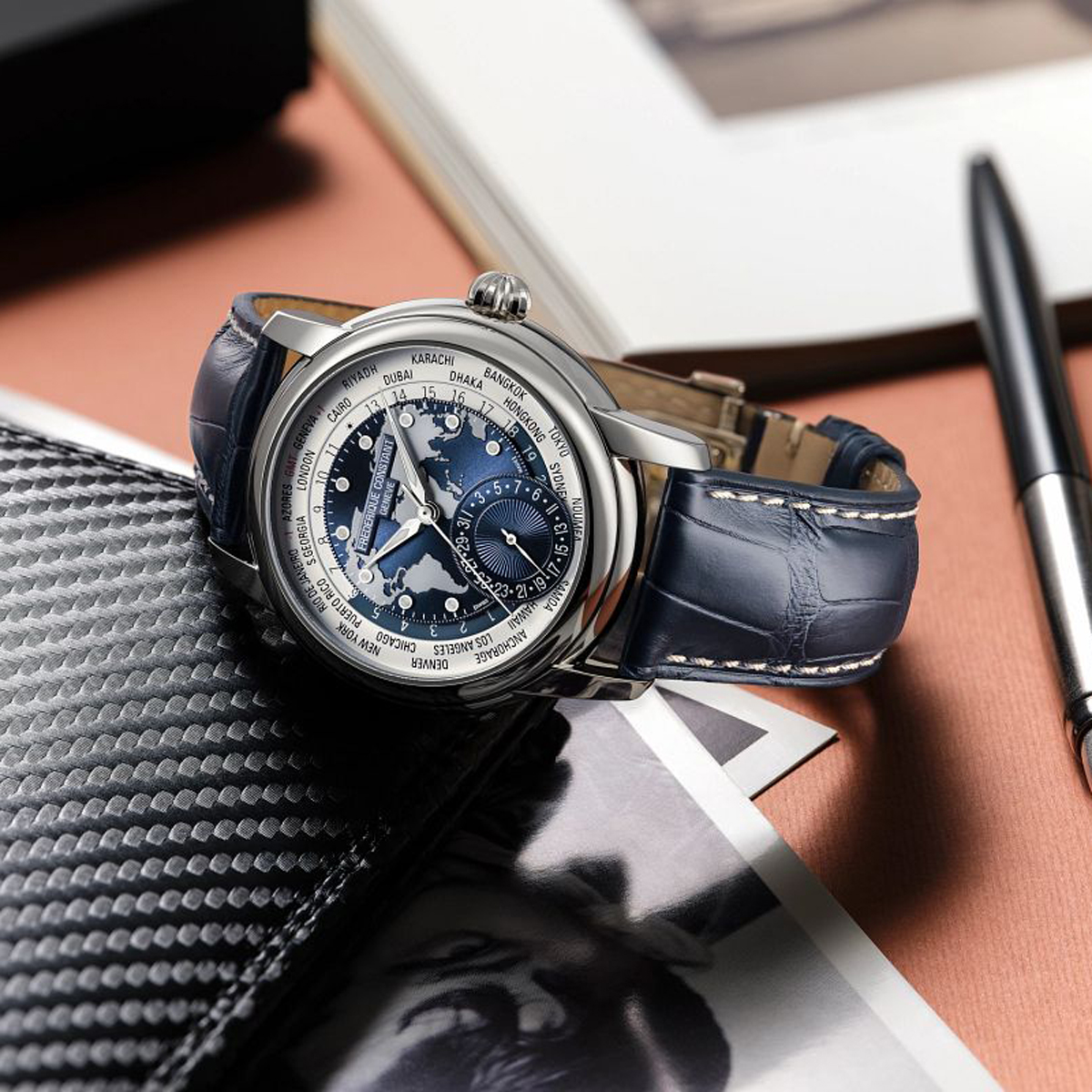 Frederique Constant Manufacture Classic Worldtimer 42mm Men's Watch, Blue Dial