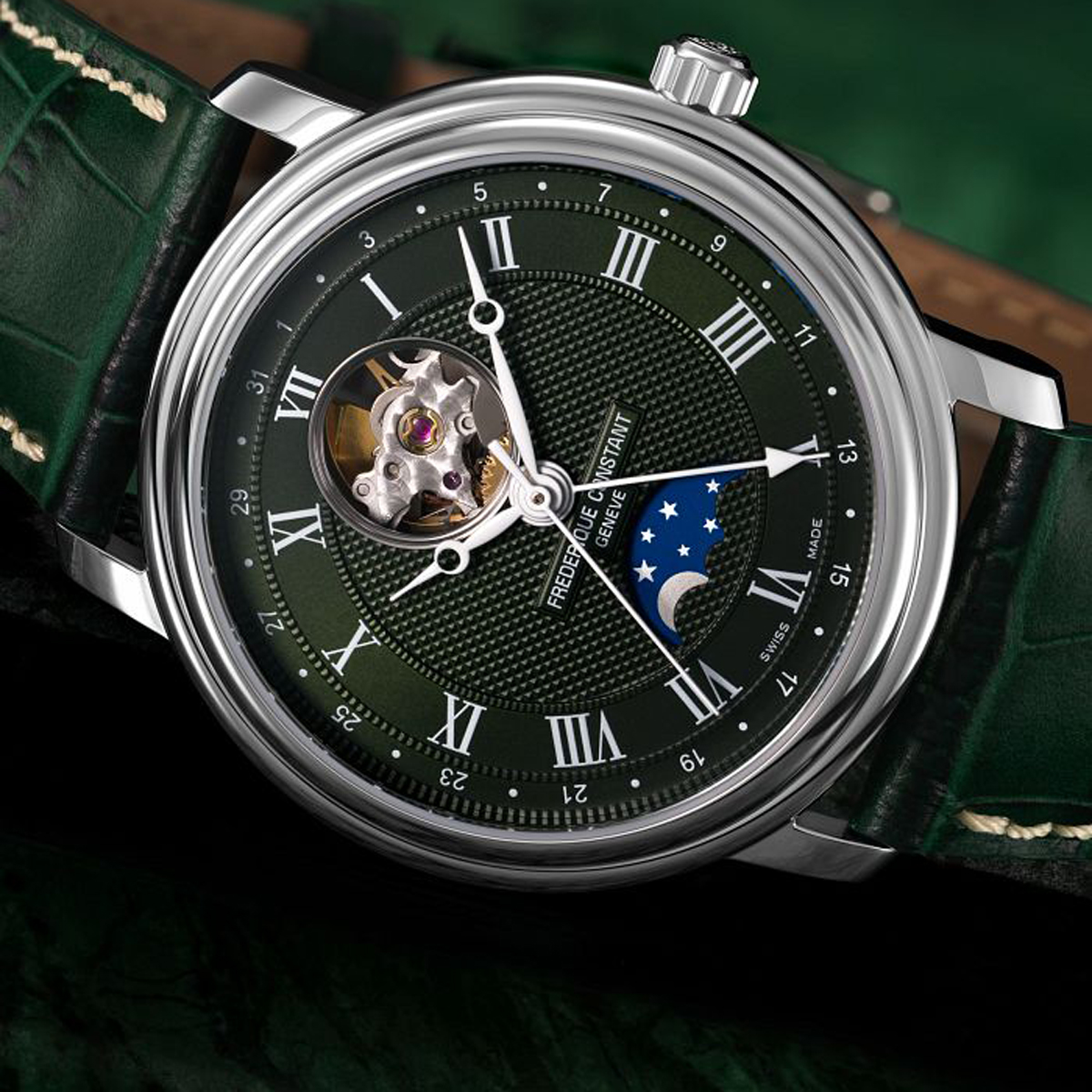 Frederique Constant Classics Heart Beat Moonphase Date 40mm Men's Watch, Green Dial