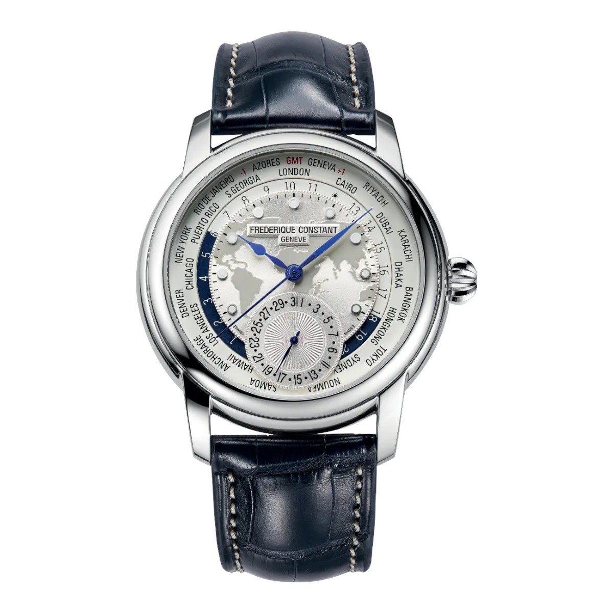 Frederique Constant Manufacture Classic Worldtimer 42mm Watch, Silver Dial