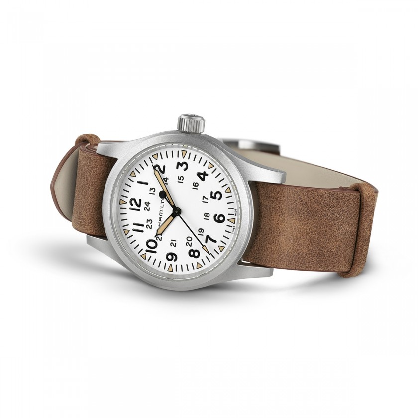 Hamilton Khaki Field Mechanical 38mm Men's Watch, White Dial and Standard Brown Leather Strap