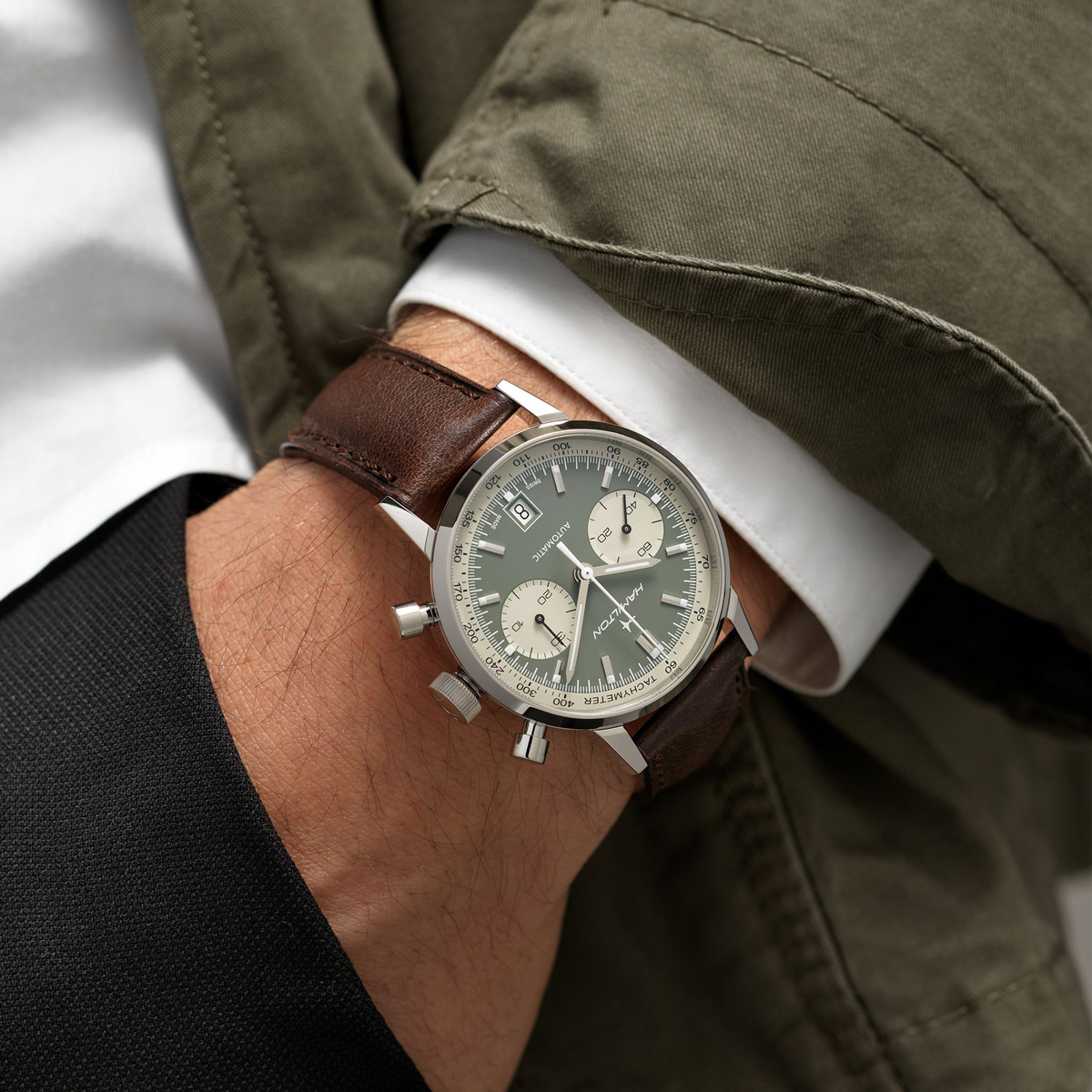 Hamilton American Classic Intra-Matic Automatic Chronograph 40mm Watch, Green Panda Dial