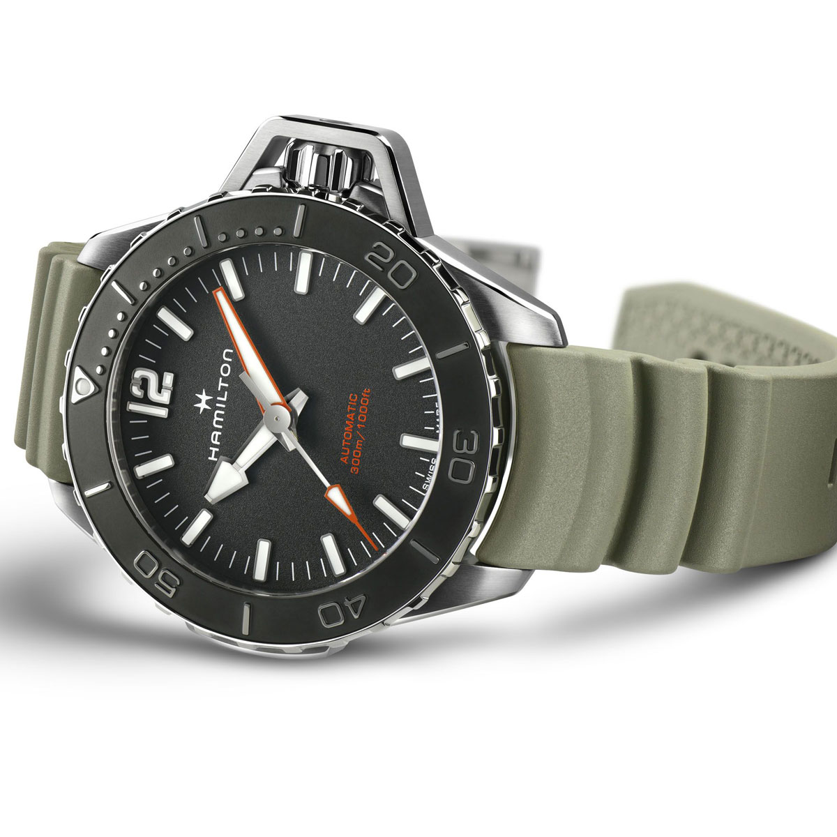 Hamilton Khaki Navy Frogman Automatic 46mm Men's Watch, Black Dial and Green Rubber Strap