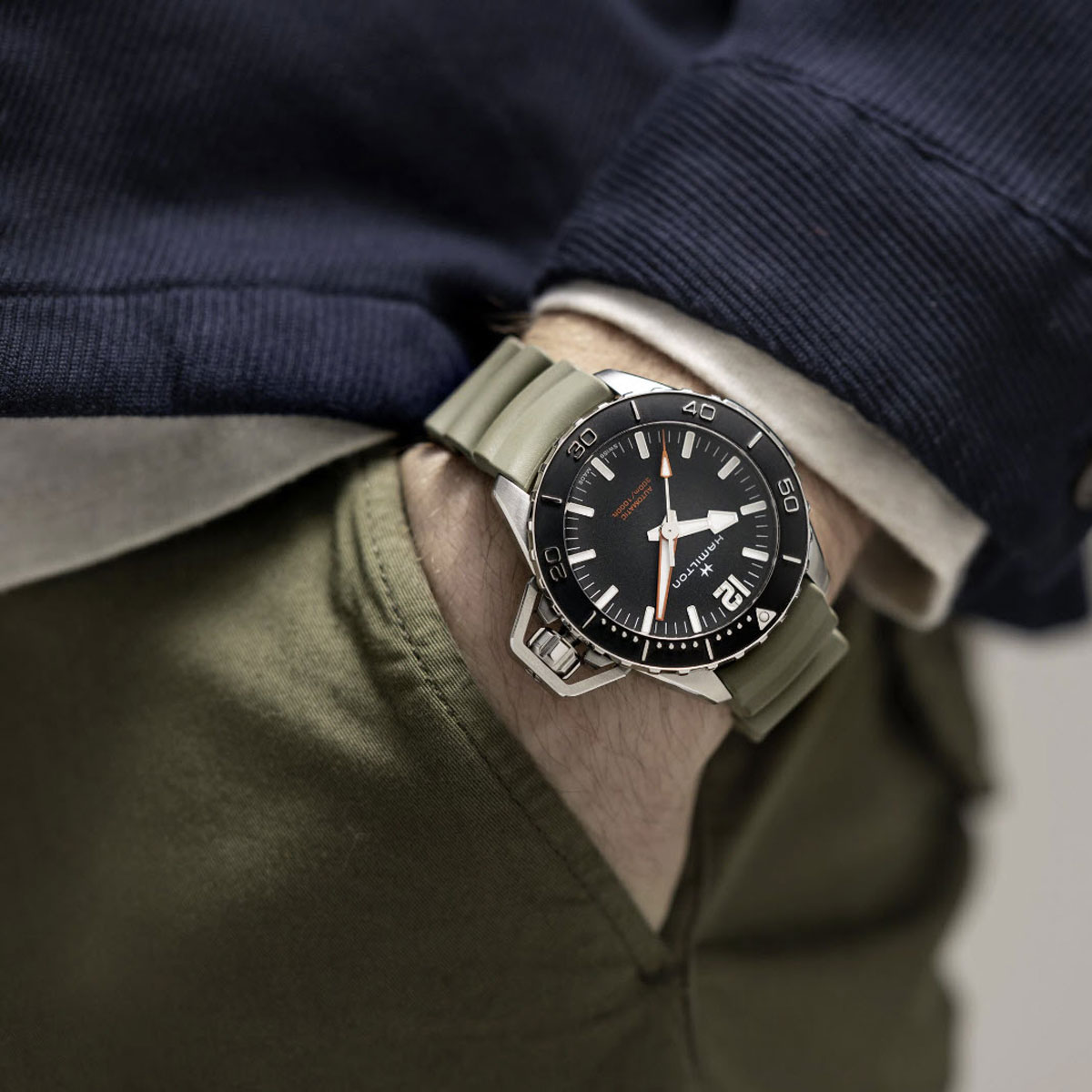 Hamilton Khaki Navy Frogman Automatic 46mm Men's Watch, Black Dial and Green Rubber Strap