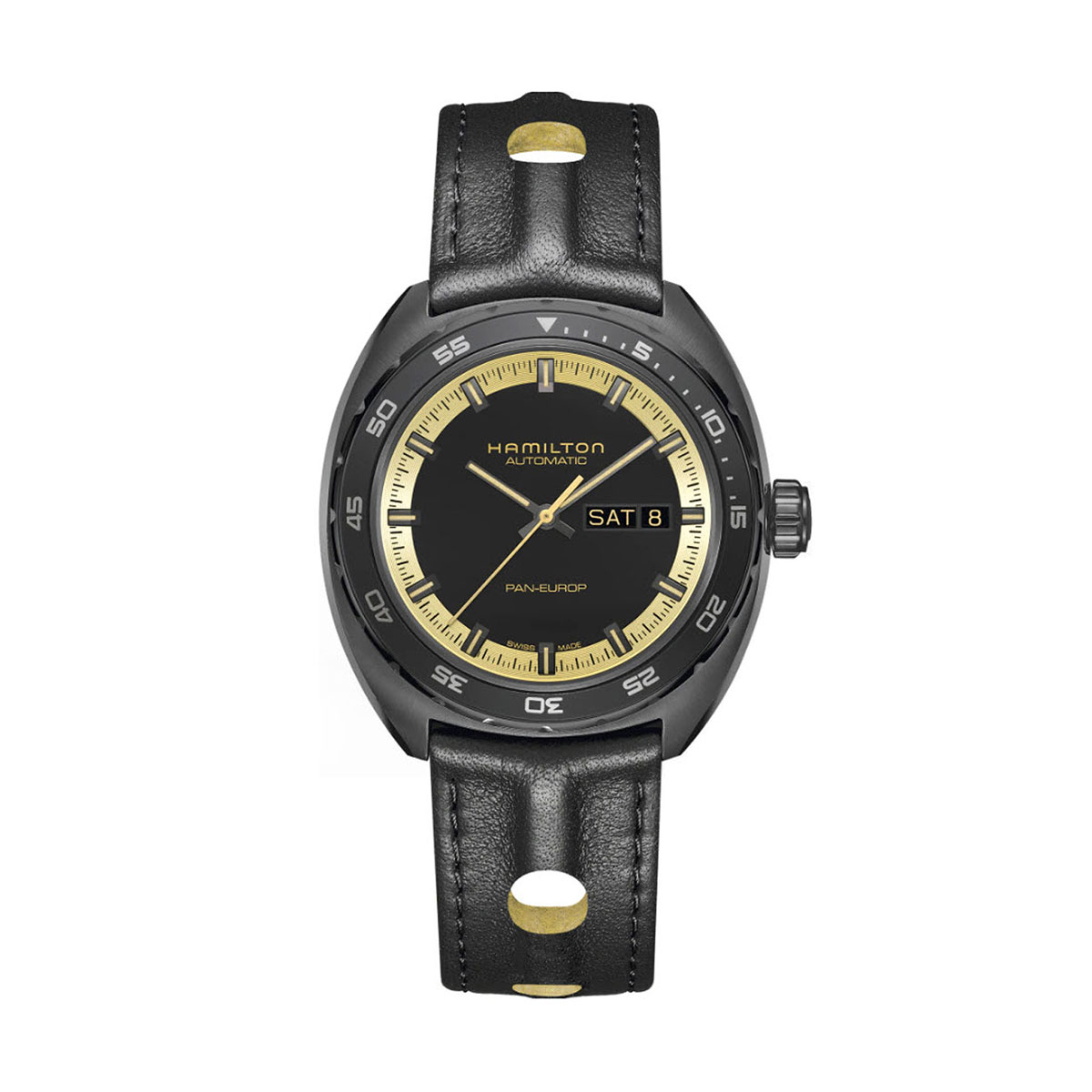 Hamilton American Classic Pan Europ Day Date Automatic 42mm Men's Watch, Black and Gold Dial