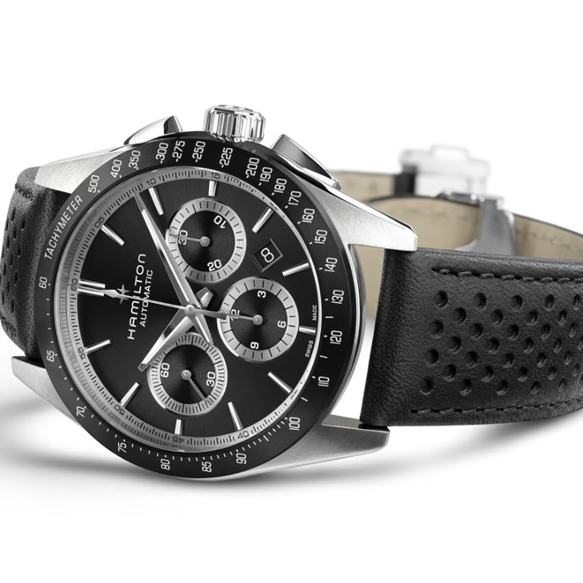 Hamilton Jazzmaster Performer Automatic Chronograph 42mm Men's Watch, Black Dial and Black Leather S
