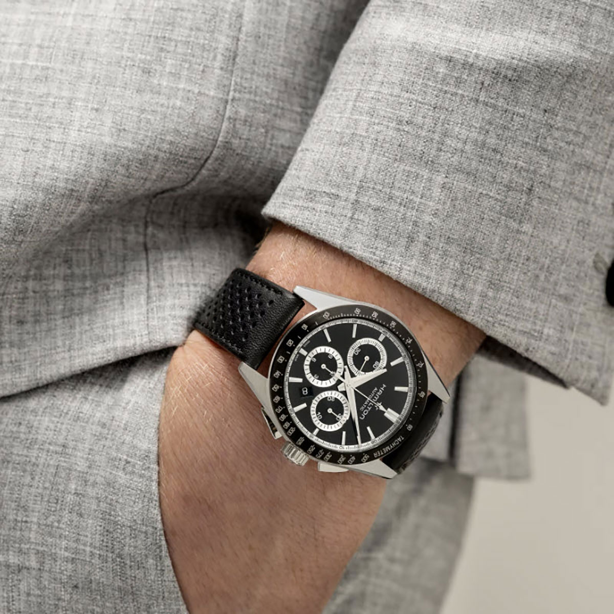 Hamilton Jazzmaster Performer Automatic Chronograph 42mm Men's Watch, Black Dial and Black Leather S