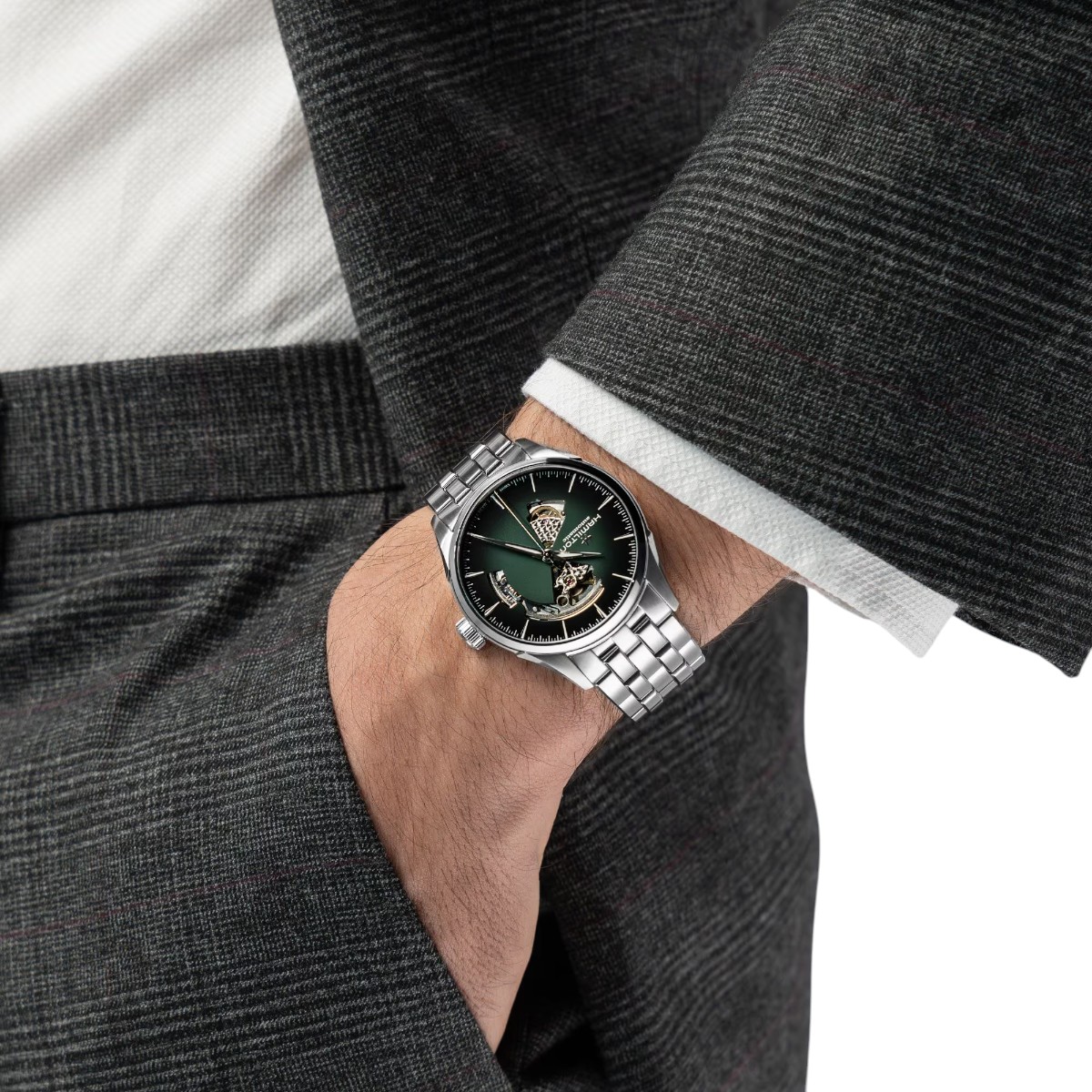 Hamilton Jazzmaster Open Heart Automatic 42mm Men's Watch, Green Skeleton Dial