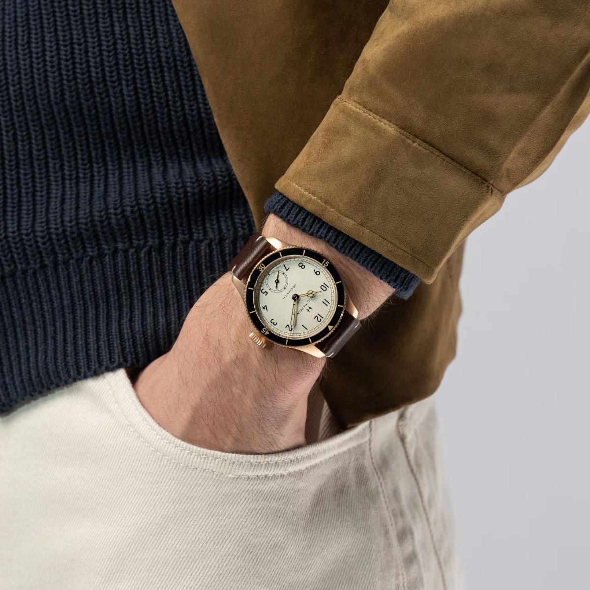 Hamilton Khaki Aviation Pilot Pioneer Mechanical Bronze 43mm Men's Watch, White Dial