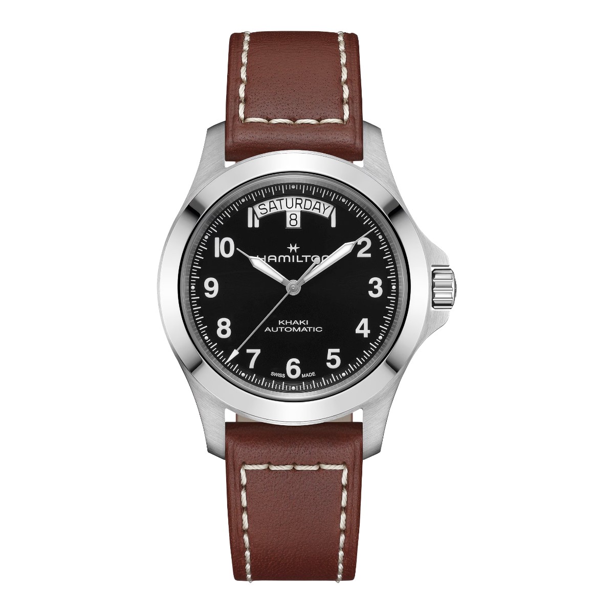 Hamilton Khaki Field King Day Date 40mm Men's Watch, Black Dial with Brown Band