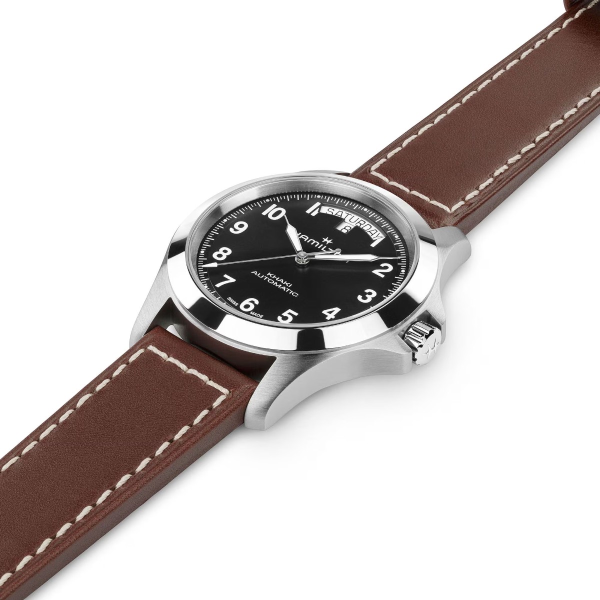 Hamilton Khaki Field King Day Date 40mm Men's Watch, Black Dial with Brown Band