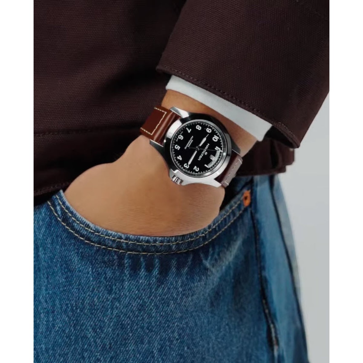 Hamilton Khaki Field King Day Date 40mm Men's Watch, Black Dial with Brown Band