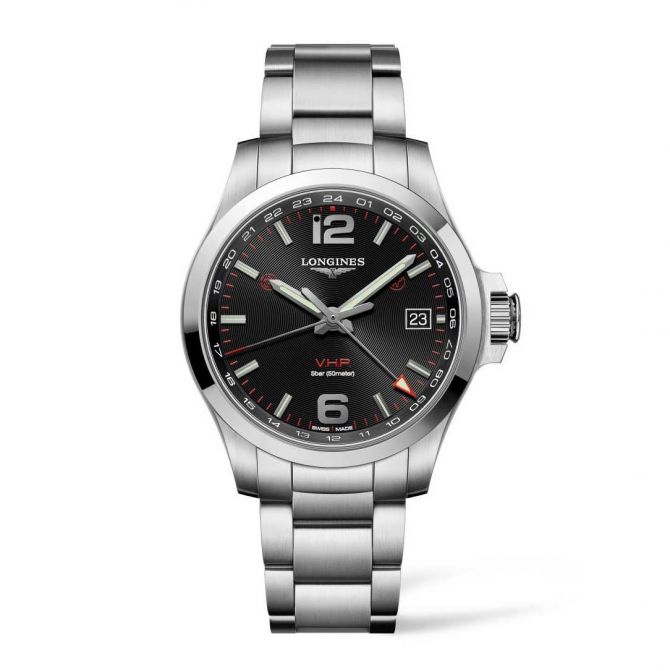 Longines Conquest V.H.P. GMT 41mm Men's Watch, Black Carved Dial