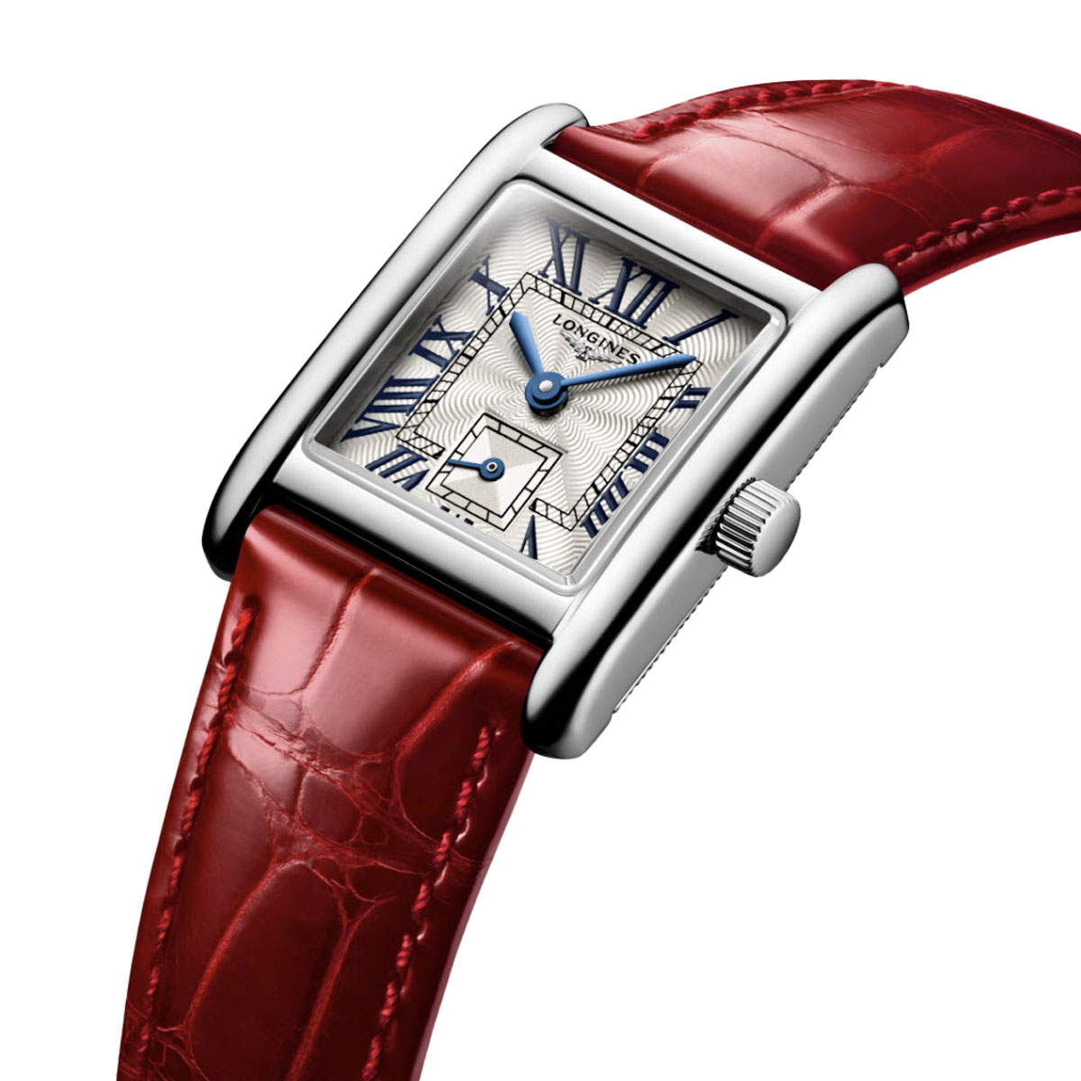 Longines Mini Dolcevita 21.50 x 29mm Women's Watch, Red Strap and Silver Flinque Dial
