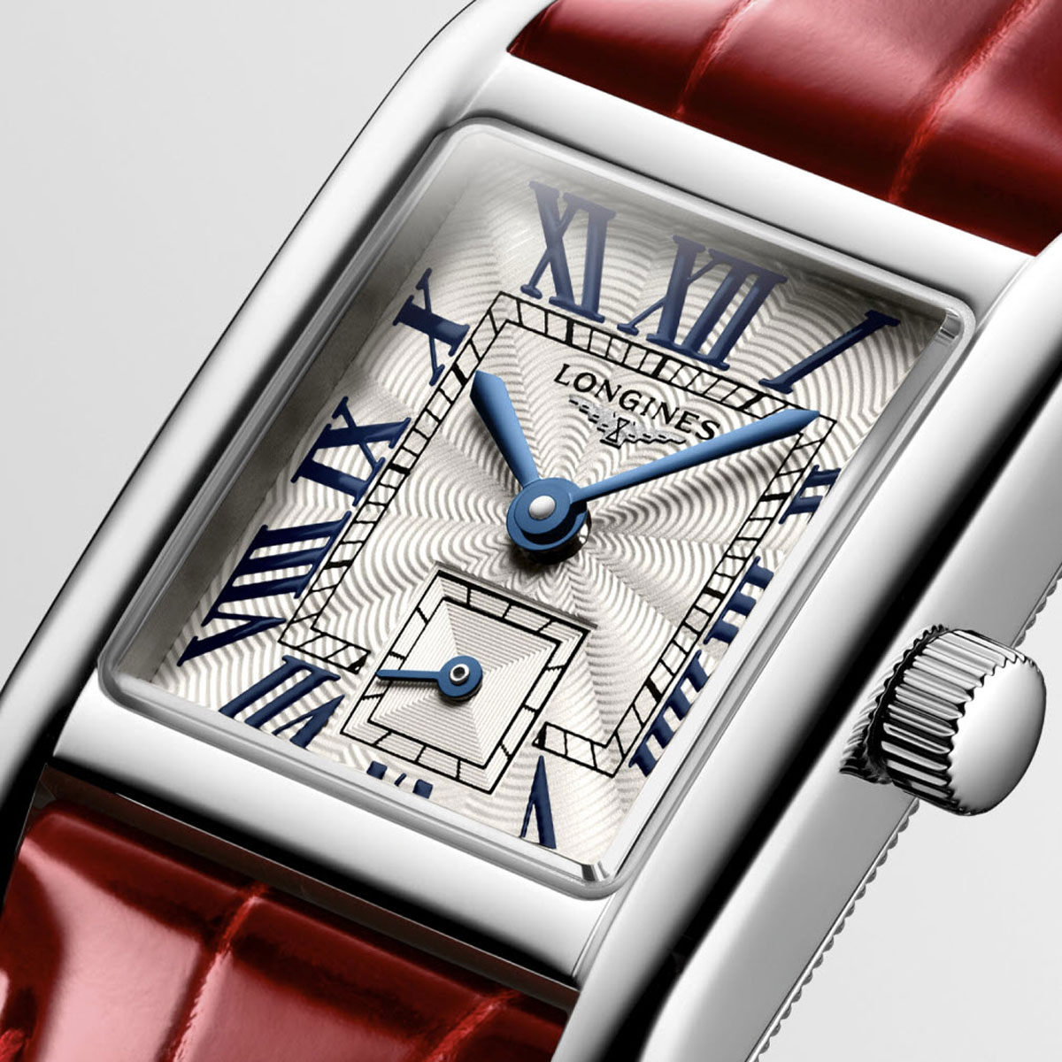 Longines Mini Dolcevita 21.50 x 29mm Women's Watch, Red Strap and Silver Flinque Dial