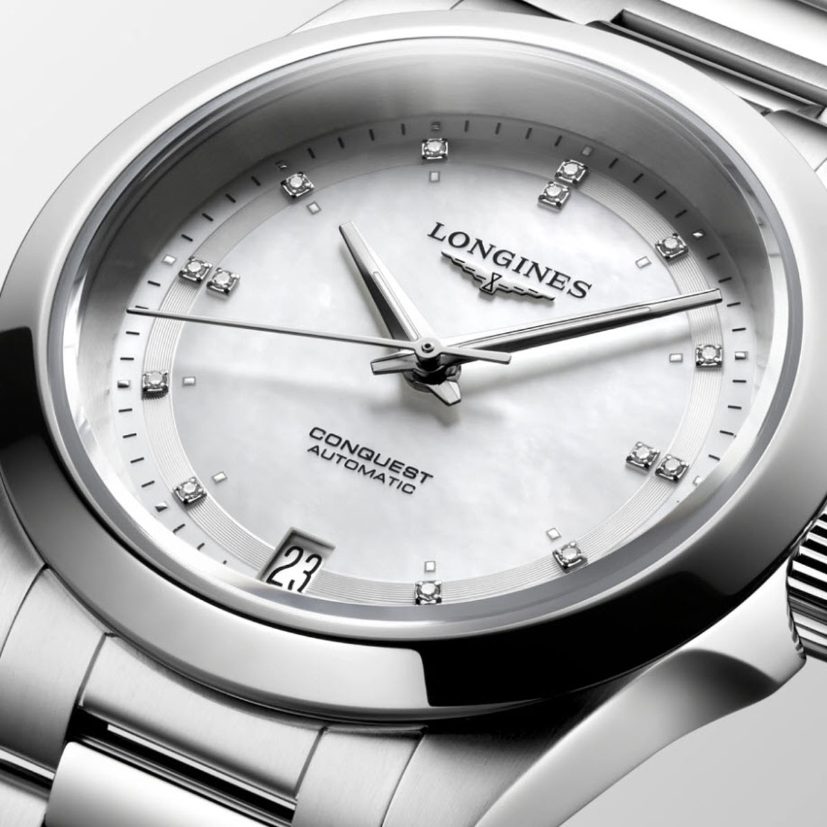 Longines Conquest 34mm Women's Watch, White Mother of Pearl and Diamond Dial