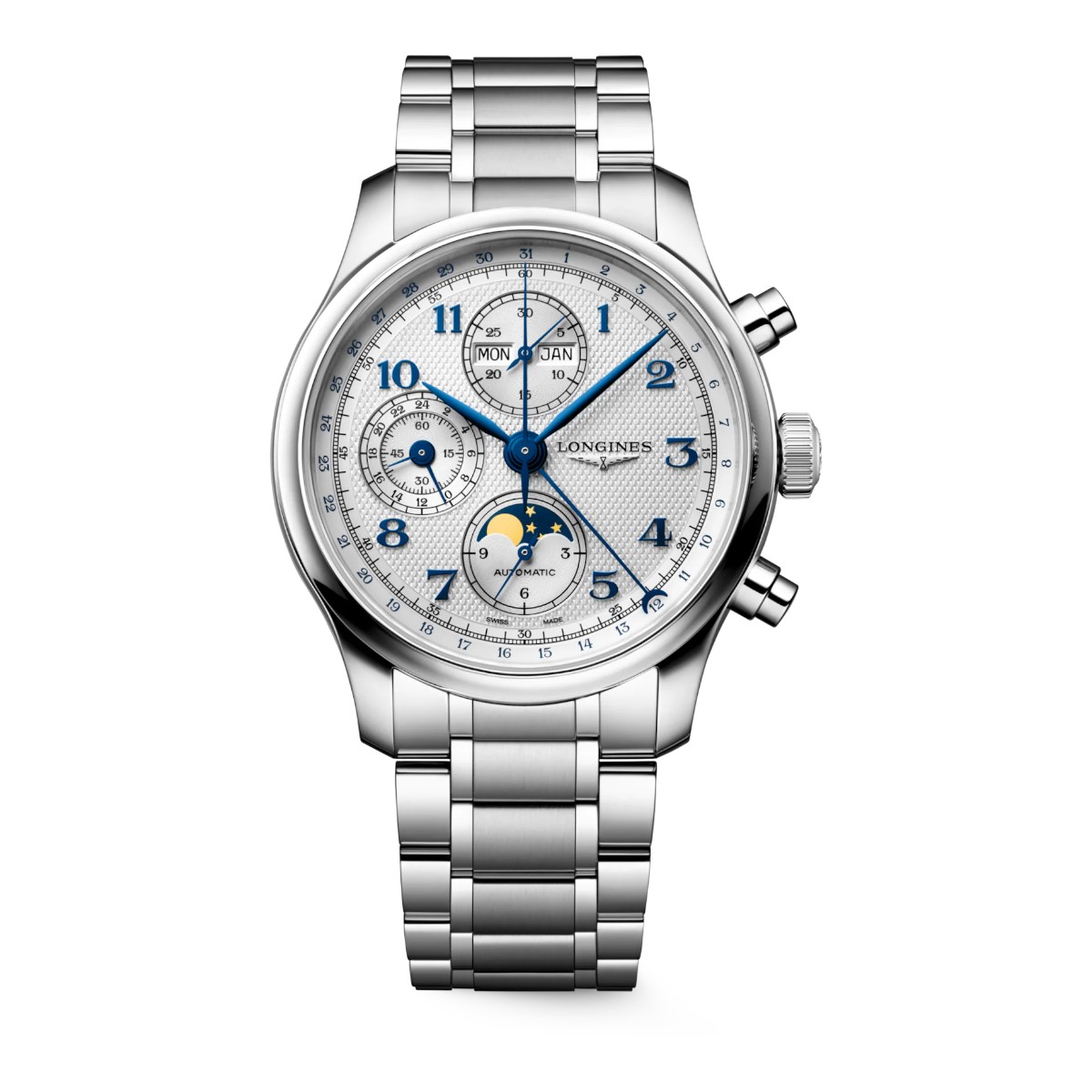 Longines Master Collection Chronograph Moonphase Automatic 41mm Men's Watch, Silver Dial