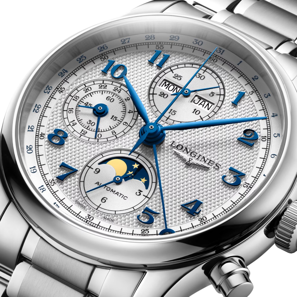 Longines Master Collection Chronograph Moonphase Automatic 41mm Men's Watch, Silver Dial