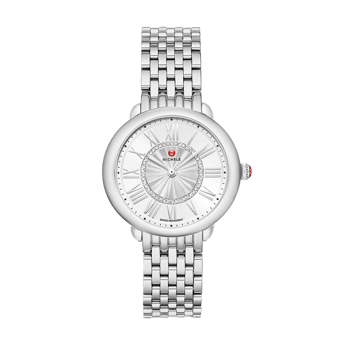 Michele Serein Mid Stainless Steel 36mm Watch, Diamond and Silver Sunray Dial