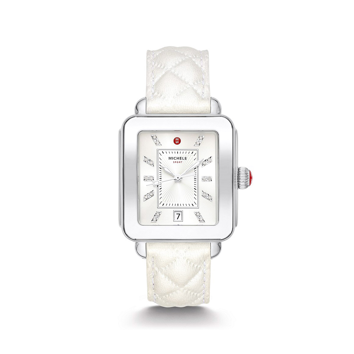 Michele Deco Sport Stainless Topaz Dial Quilted Leather 34mm Watch