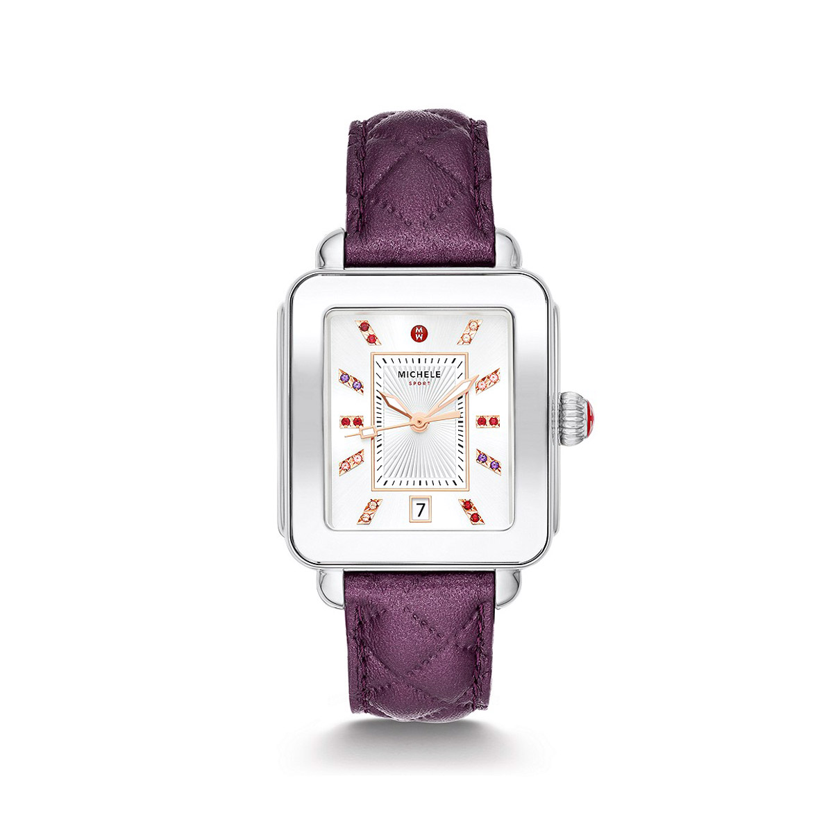 Michele Deco Sport Stainless Topaz Dial Quilted Leather 33mm Watch