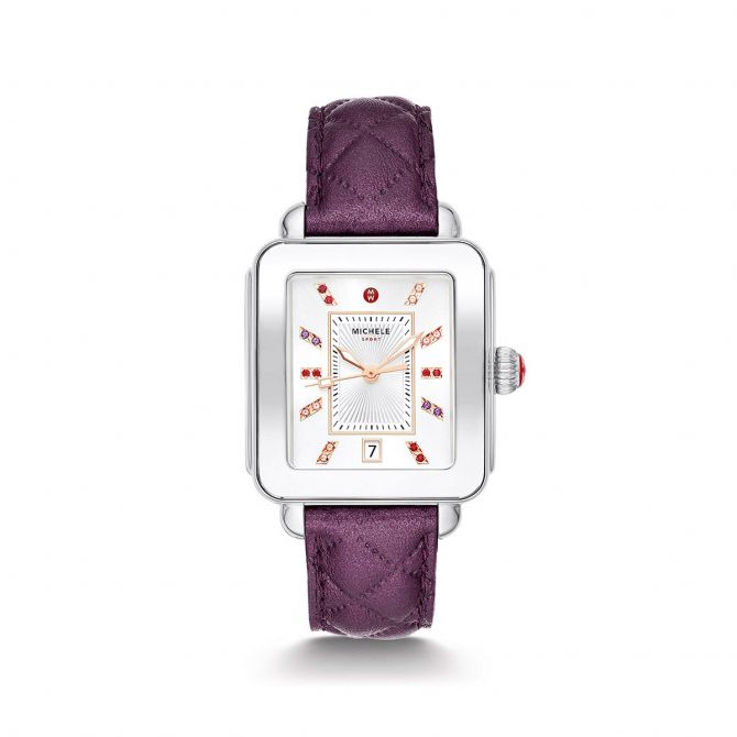 Michele Deco Sport Stainless Topaz Dial Quilted Leather 33mm Watch